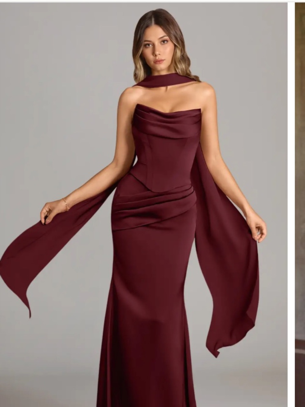Azazie Burgundy Strapless Maxi Gown with Neck Scarf
